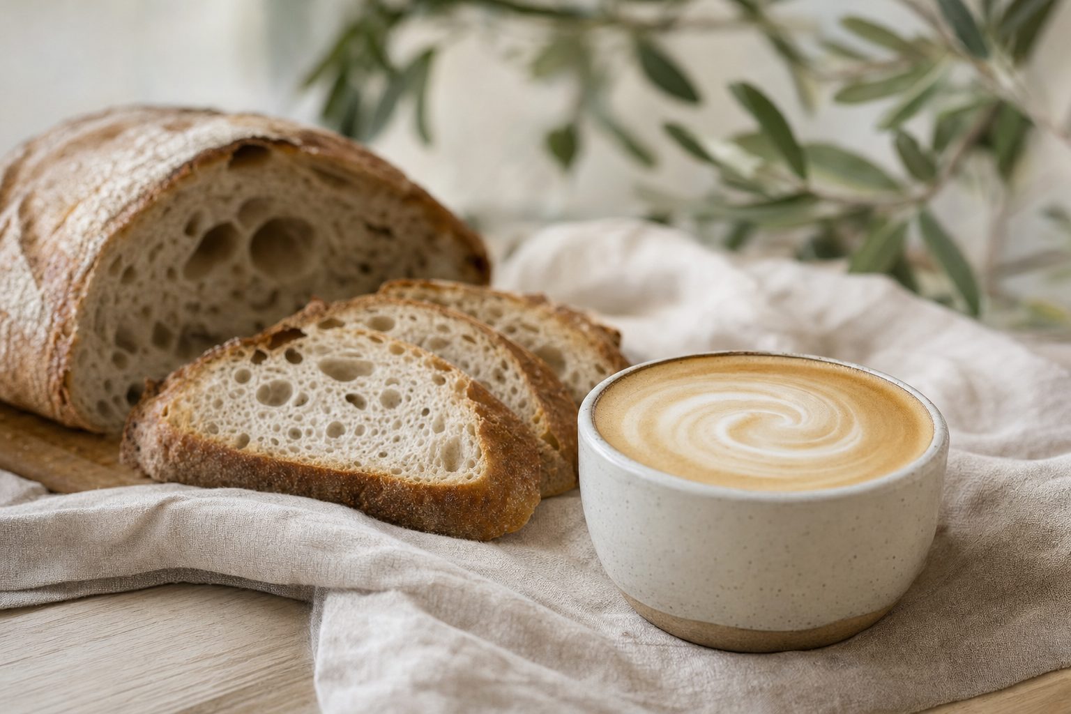 A flat white beside sliced sourdough on a linen cloth