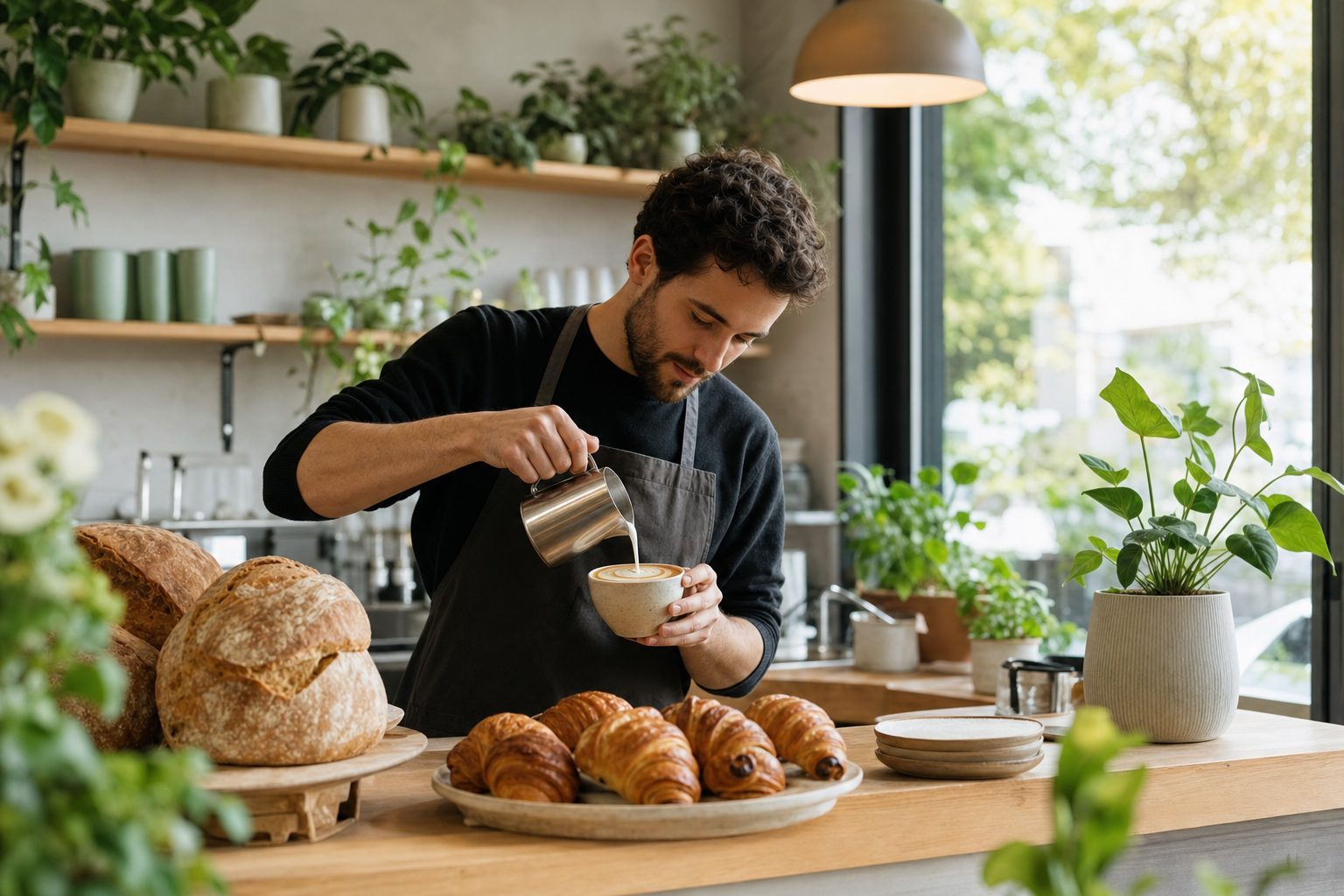 Inside Fernhill Café, with fresh loaves on the counter and a barista pouring coffee