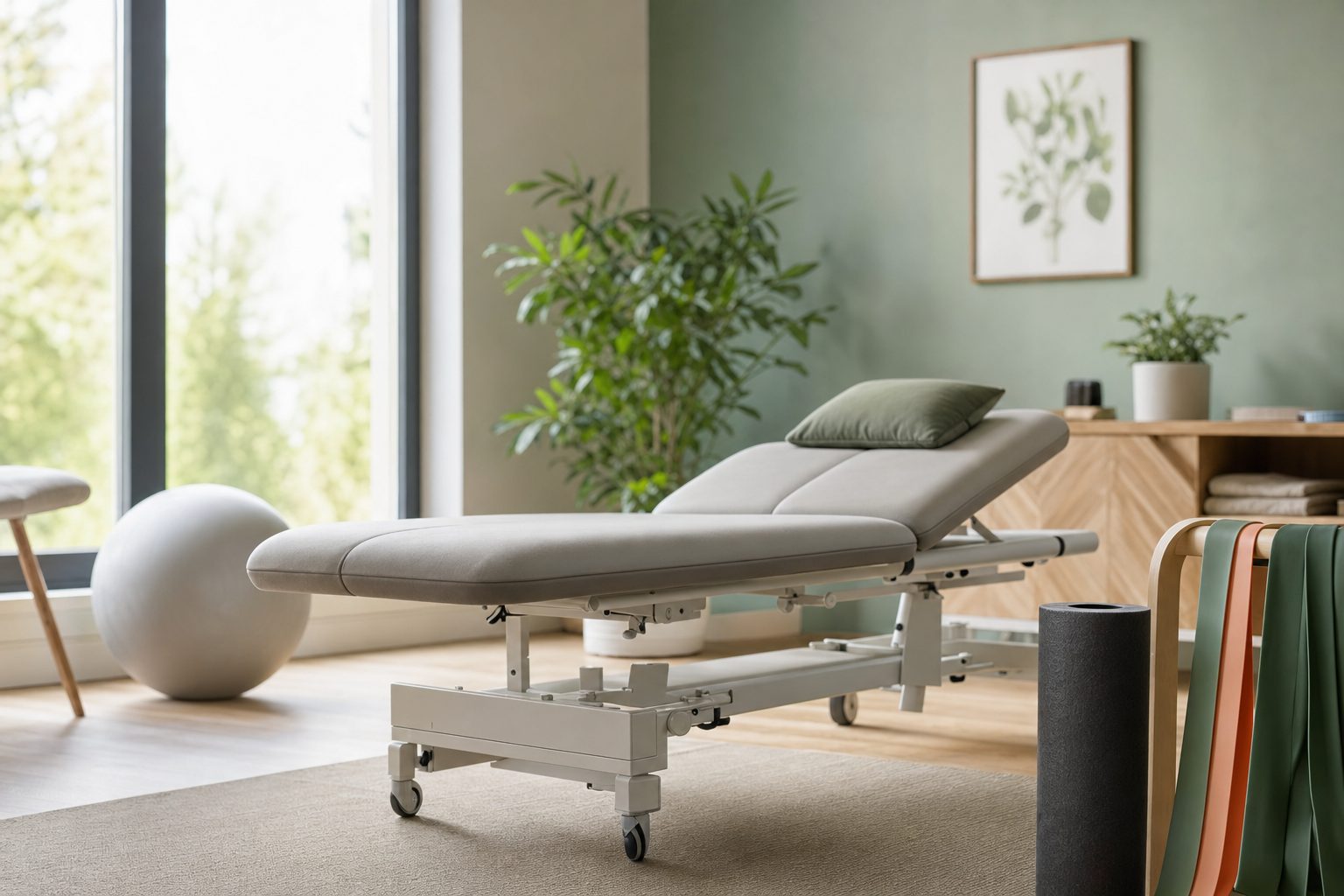 A calm treatment room with a table, exercise bands and a large window