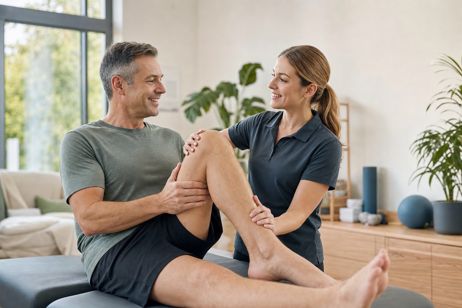 A physiotherapist guiding a client through a knee stretch