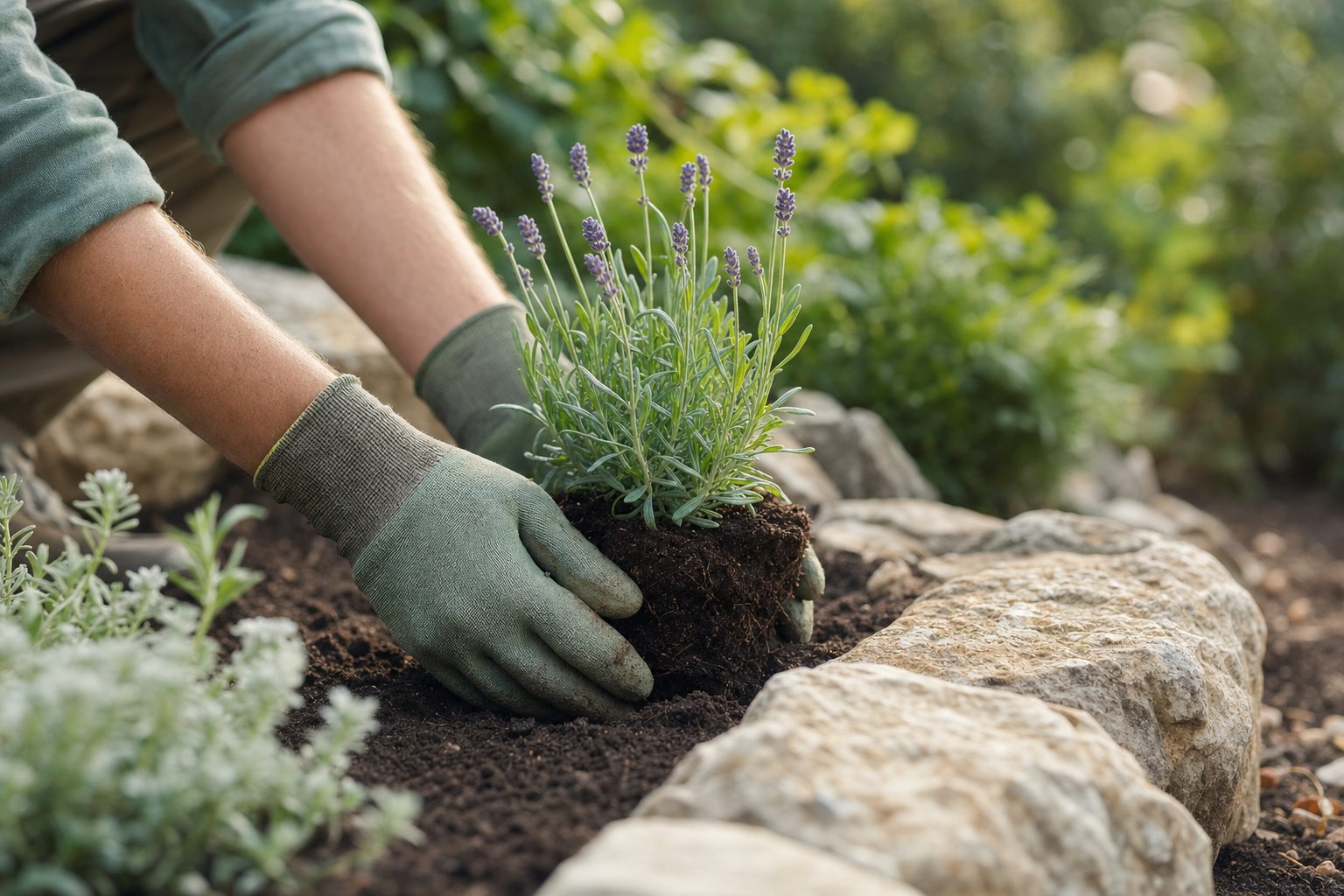 A gardener planting lavender beside new stone edging