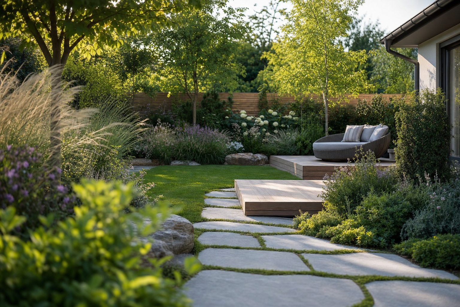 A landscaped back garden with a stone path, layered planting and a timber deck